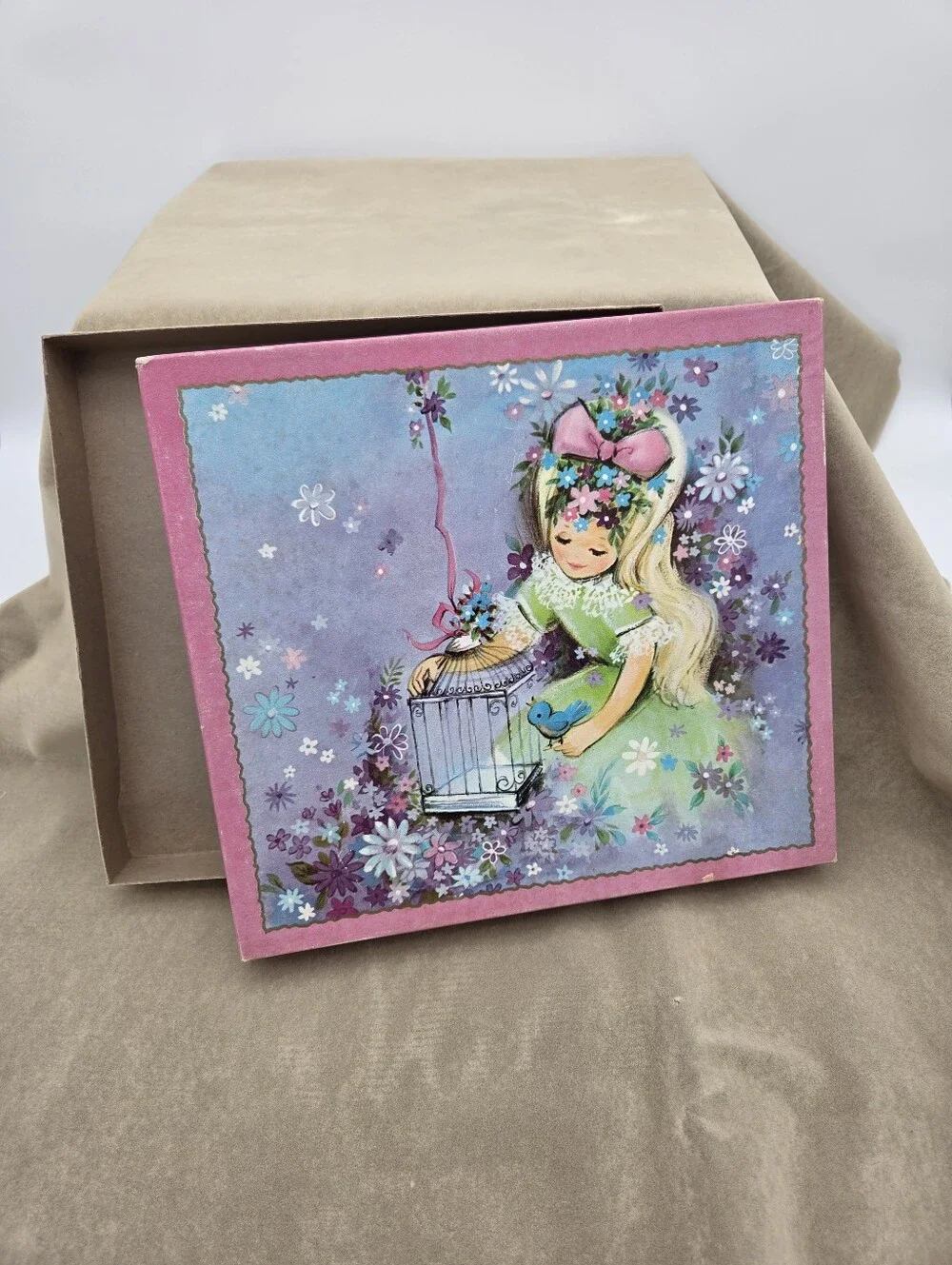 Vintage 1960s Greeting Card Box Girl with Bird